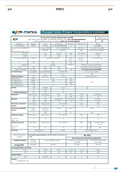 Download INDIA PSPCL business utility bill Word and PDF template các trang đã xóa Photoshop template